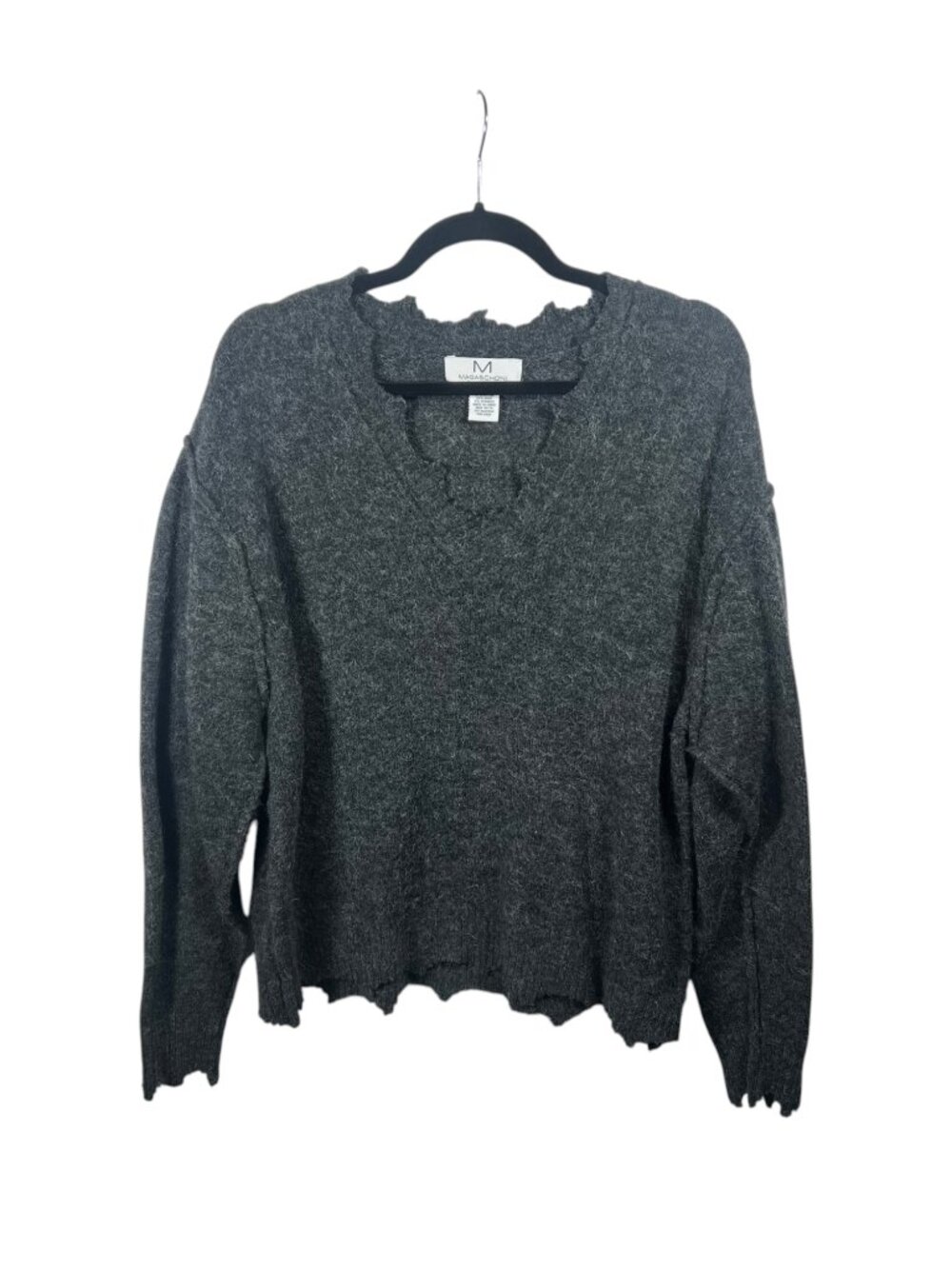 Magaschoni Sweater Womens Pullover V Neck Raw Scalloped Hem Large Whimsigoth